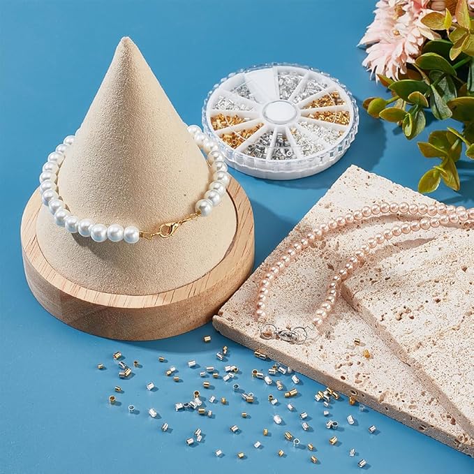 PH PandaHall Crimp Tube Beads, 3000 Pcs 1.5mm 2mm Brass Tube Crimp End Spacer Beads Cord End Caps Loose Stopper Bead for Earring Necklace Pendant DIY Jewelry Gift Making, Golden/Silver/Platinum