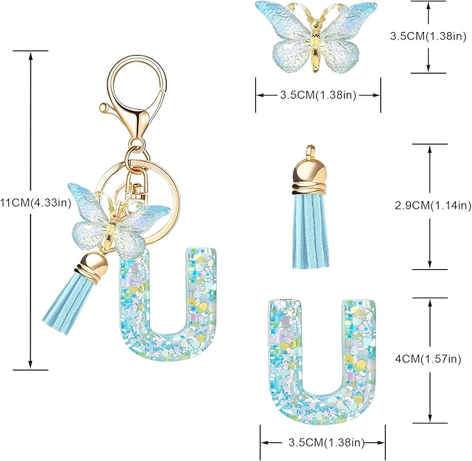 Fashion Alphabet Initial Letter Keychain Tassel Butterfly Pendant Key Ring for Purse Handbags Women Girl