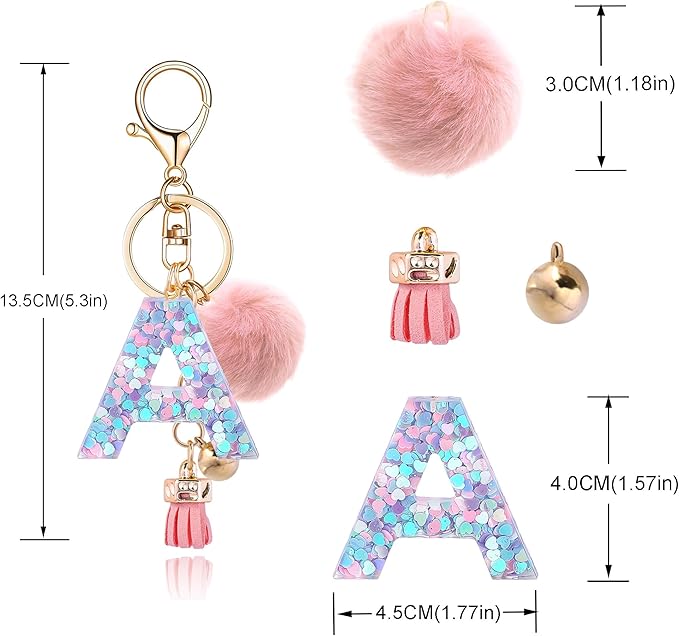 Resin Alphabet Initial Letter Keychain Keyring for Women Purse Handbags With Fur Ball Pom