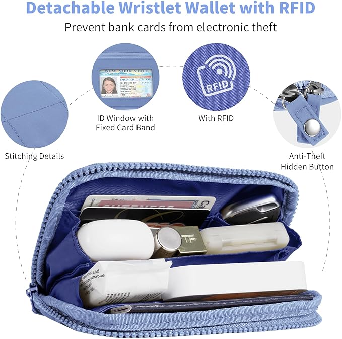 Clip and Go Strap for Phone with Wallet Crossbody Phone Lanyard with Anti-Theft Zipper Pouch Detachable Quilted Wrist Wallet with RFID and ID Window for Daily Travel.