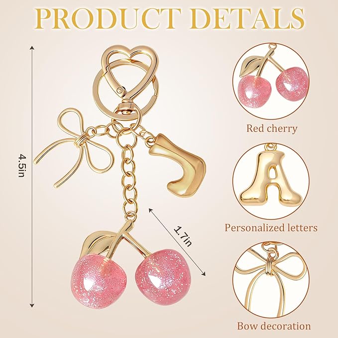 Snycler Bubble Initial Keychain with Cherry & Bow - Gold Letter Bag Charms for Women, Cute Purse Handbag Accessories