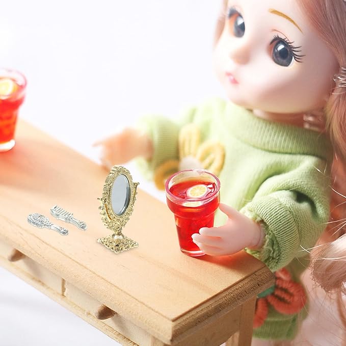 LUOZZY Miniature Makeup Mirror and Comb Set 1:12 Dollhouse Accessory Vintage Mirror Model with Comb Dollhouse Bedroom Decor