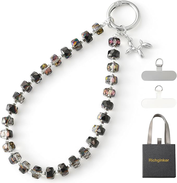 Crystal Phone Wrist Strap Phone Charm Chain Keychain Beaded Cellphone Lanyard with Tether Tab Hands-Free Wristlet Bracelet Wrist Grip Strap for Women, W-Black