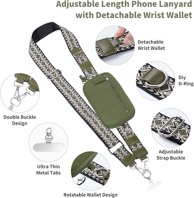 Clip and Go Strap for Phone with Wallet Crossbody Phone Lanyard with Anti-Theft Zipper Pouch Detachable Quilted Wrist Wallet with RFID and ID Window for Daily Travel. Green