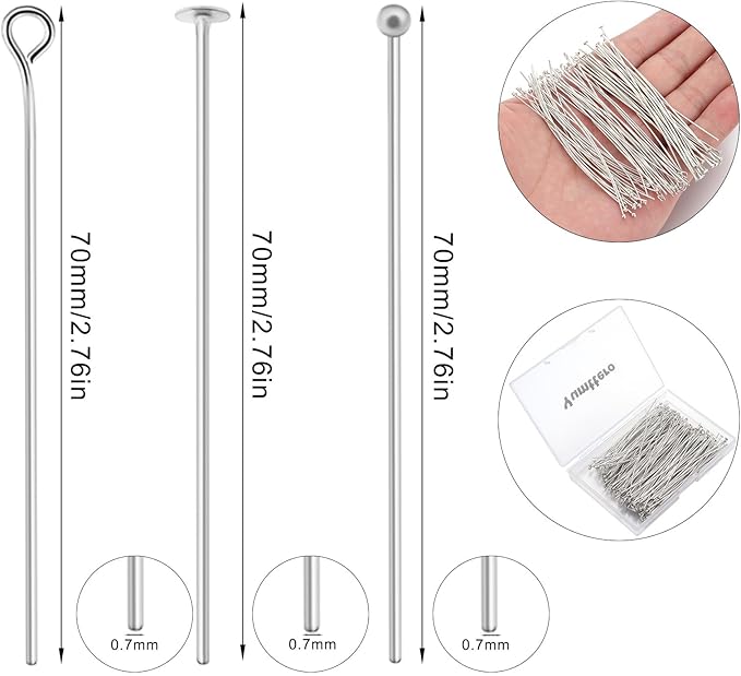 210 Pcs 70mm/2.76 Inch 21 Gauge Eye Pins Head Pins Ball Pins for Jewelry Making, Yumttero Straight Mixed Pin for Craft Earring Bracelet Necklace Pendant Jewelry Making (Mixed Pins,Platinum Color)
