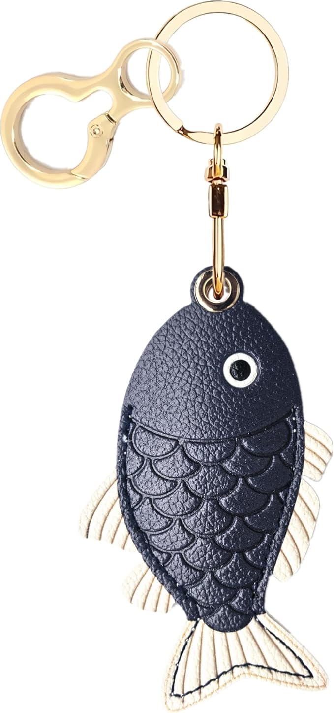 Leather Keychain Holder Case Compatible with AirTag,Cute Protective Cover with Keyring,Anti-Scratch Finder GPS Tracker Case for Wallet Keys,Bag,Pets(Fish Black)