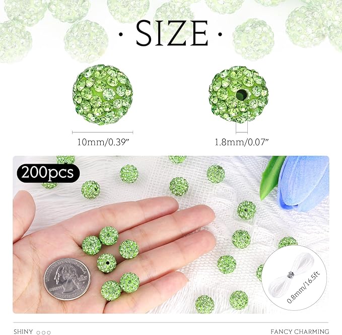 200 Pcs Light Green Rhinestone Beads for Jewelry Making, Sparkle Crystal Clay Christmas for Bracelet Baseball Necklace Earring Crafting and DIY, Shiny Round Shamballa Disco Ball Beads Bulk