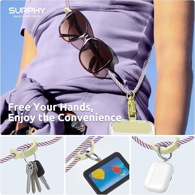 SURPHY Phone Lanyard, Adjustable Phone Strap Crossbody with 2 Pack Phone Tether Tab, Premium Metal Buckles and Two-Color Braided Cell Phone Lanyard Crossbody for Women and Men, Purple & Yellow