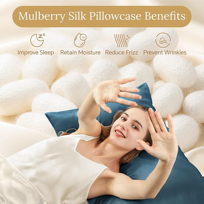 INFIIXSO Mulberry Silk Pillowcase for Hair and Skin, Silk Pillow Cases Queen with Hidden Zipper 20x30 Inches, Extraordinary Smooth and Soft Cooling Pillow Cases for Hot Sleepers(Bluesteel, 1 Pack)