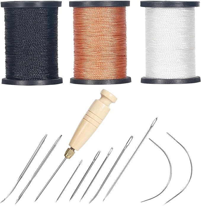 Nurkul 3-Spool Nylon Thread Sewing Kit, 80 Yards Each, Heavy Duty Needles (5 Straight, 2 Curved), Sewing Awl, Ideal for Upholstery, Leather, Shoes & DIY Crafts