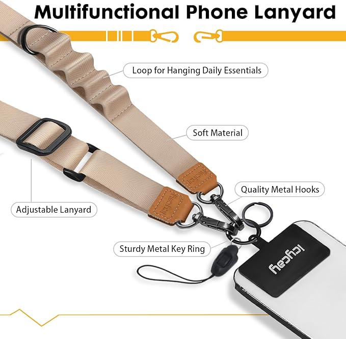 Phone Lanyard Crossbody, Champagne Gold Cell Phone Strap for Around The Neck Adjustable, Anti Theft Cute Lanyard for iPhone Case ID Holder Keys Accessories Travel Essential
