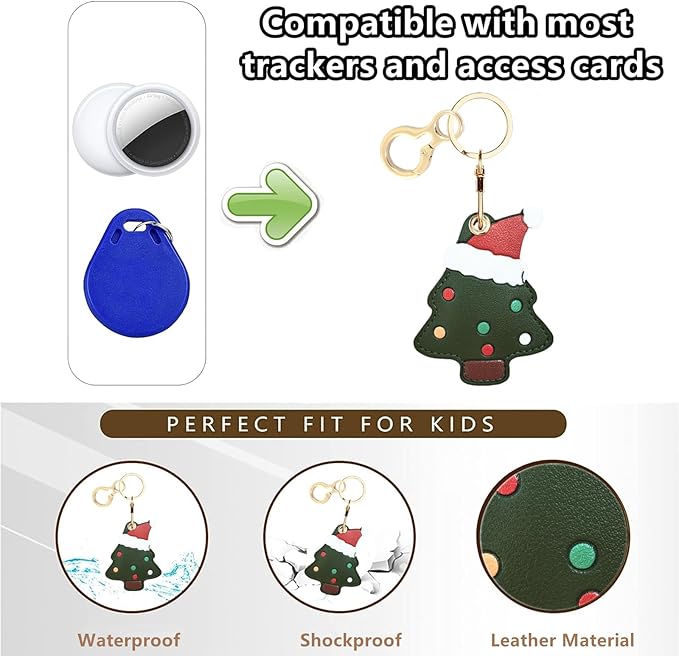Leather Keychain Holder Case Compatible with AirTag,Cute Protective Cover with Keyring,Anti-Scratch Finder GPS Tracker Case for Wallet Keys,Bag,Pets(Christmas Tree)