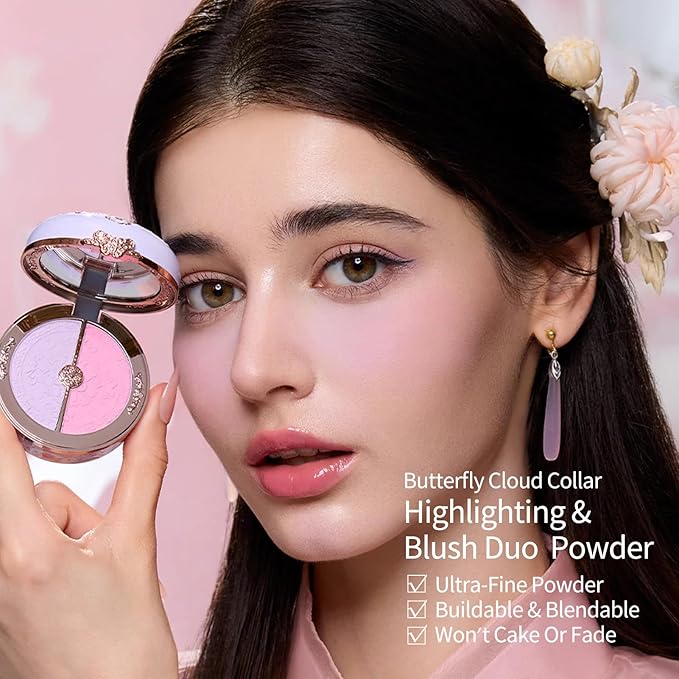 Flower Knows Butterfly Cloud Collar Rouge Box Highlighting & Blush Duo Powder,Purple+Berry Two Tone Matte Blush for Cheeks Bulidable & Blendable for Women & Girls,0.21 Oz(04 Fluttering Romance)