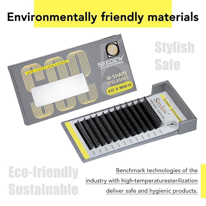 SEEDEW 5D Lash Extensions, 0.07mm C Curl 10mm 12 Rows/Tray, W Shape Flat Stem, Korean PBT Volume False Eyelashes Grafting for Beginner Artist, Lash Tech, Beauty Salon(5D-Matte Black-0.07-C-10mm)