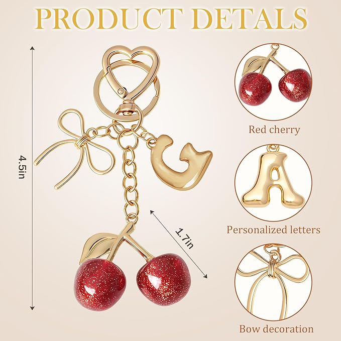 Snycler Bubble Initial Keychain with Cherry & Bow - Gold Letter Bag Charms for Women, Cute Purse Handbag Accessories