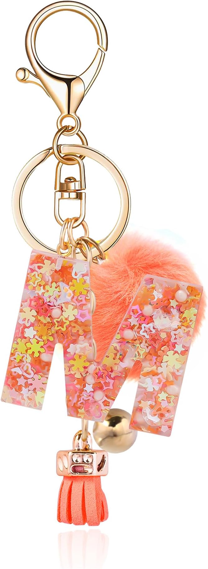 Resin Alphabet Initial Letter Keychain Keyring for Women Purse Handbags With Fur Ball Pom