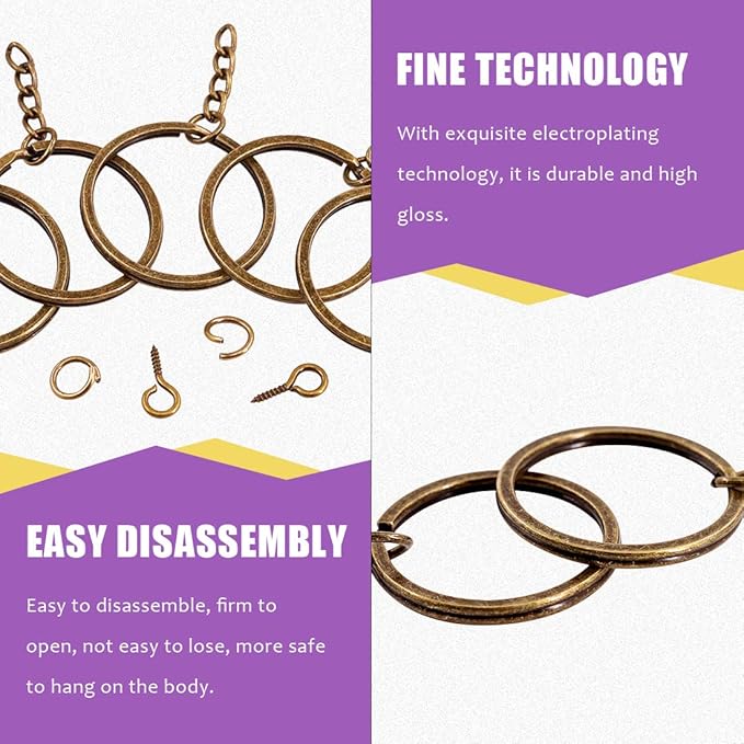 Swpeet 300Pcs 7/5 Inch 35mm Bronze Flat Key Chain Rings Kit, Including 100Pcs Split Keychain Rings with Chain and 100Pcs Jump Ring with 100Pcs Screw Eye Pins Bulk for Jewelry Findings Making