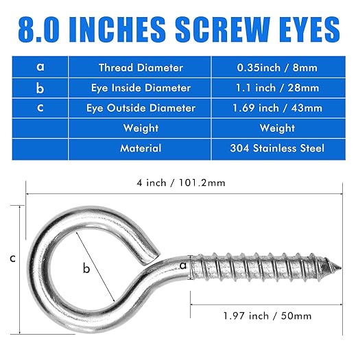 20PCS 4 inches Screw Eyes M8 304 Stainless Steel Eye Screws, Heavy Duty Screw, Eye Hooks Screw Eye Bolts Eye Hooks Screw, Indoor & Outdoor Uses (20, M8-4inch)