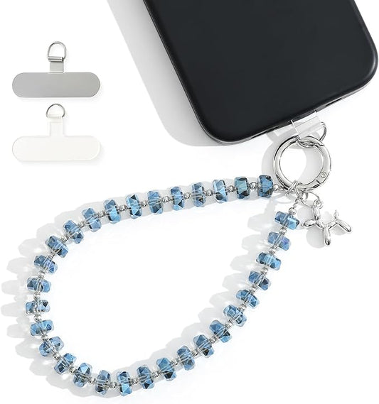 Crystal Phone Wrist Strap Phone Charm Chain Keychain Beaded Cellphone Lanyard with Tether Tab Hands-Free Wristlet Bracelet Wrist Grip Strap for Women, W-Blue
