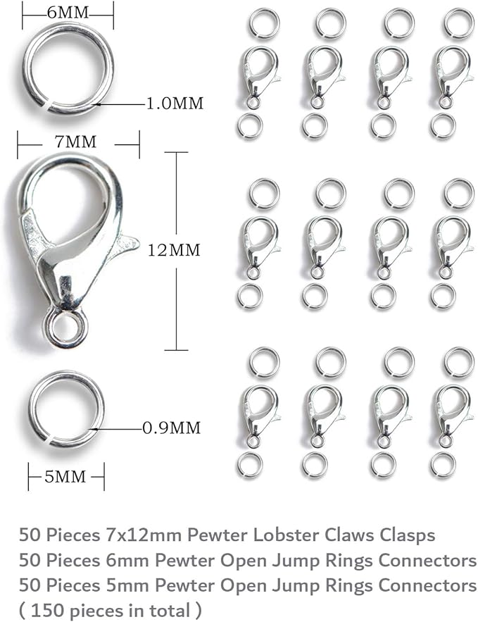 AD Beads 50 Pieces Lobster Claws Clasps Plus 100 Pieces 6mm Match Color Open Jump Rings for Necklace Bracelets Jewelry (7x12mm, Pewter)