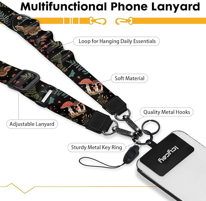 Phone Lanyard Crossbody, Butterfly Cell Phone Strap for Around The Neck Adjustable, Mushroom Flower Teacher Anti Theft Cute Lanyard for iPhone Case ID Holder Keys Accessories Travel Essential