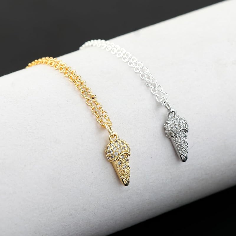 JOR Icecream Cone Charm with CZ Pendant Necklace, Cool Charm, Women Jewelry, Dainty Gold & Silver Plated Combo Chain 18 inch (Pack of 2)
