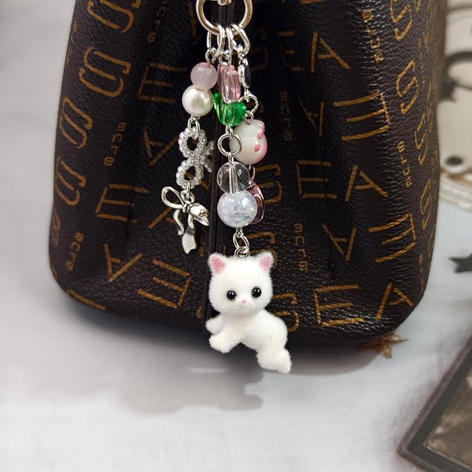 Cute Cat Keychain, Y2K Heart Bow Pendant, Kawaii Cat Bag Charm