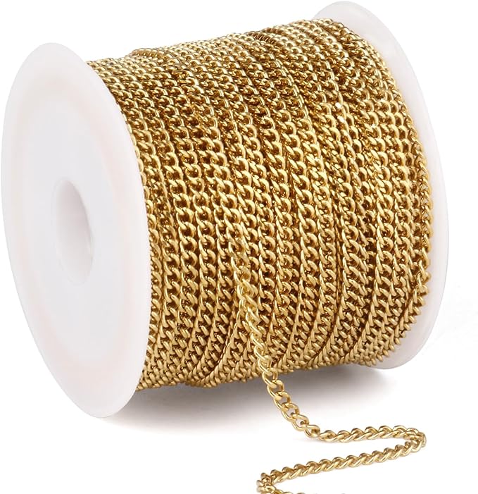 33FT Gold Stainless Steel Cuban Chain Roll 2MM 18K Gold PVD Plated Diamond-Cut Curb Link Chains Spool Bulk for Jewelry Making
