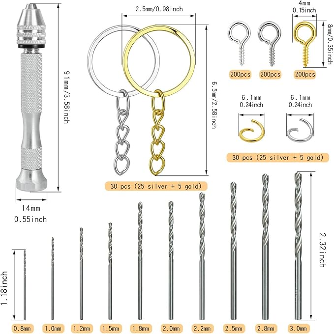 SONGIN Pin Vise Hand Drill Set, 670 Pcs Steel Manual Hand Drill Kit with 10 Pcs Drill Bits, Small Screw Eye Hooks, Keychain Rings for Jewelry Keychain Making and Crafts