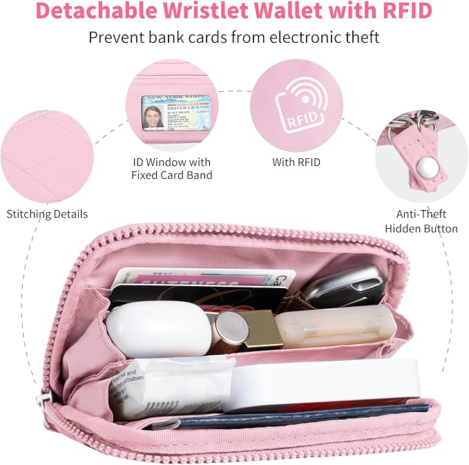 Clip and Go Strap for Phone with Wallet Crossbody Phone Lanyard with Anti-Theft Zipper Pouch Detachable Quilted Wrist Wallet with RFID and ID Window for Daily Travel.