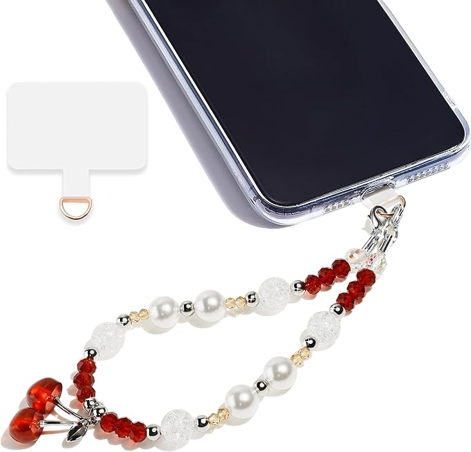 Marble Beaded Phone Wrist Strap,Detachable Phone Bracelet Strap with Tether Tab,Hands-Free Wristlet Strap (Red Cherry)