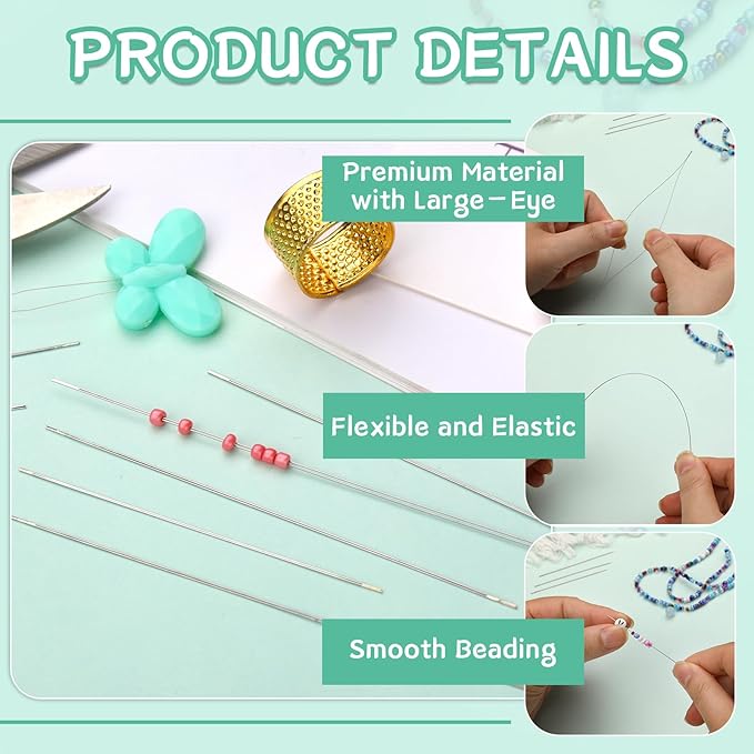 GarfxG Beading Needles Set - 31 pcs Big Eye Seed Collapsible Beading Needles in 7 Sizes with Thimble, Scissors, Threaders and Ruler for Jewelry Bracelets Making & DIY Crafting