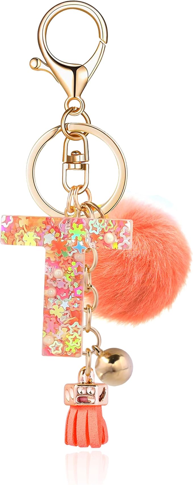 Resin Alphabet Initial Letter Keychain Keyring for Women Purse Handbags With Fur Ball Pom