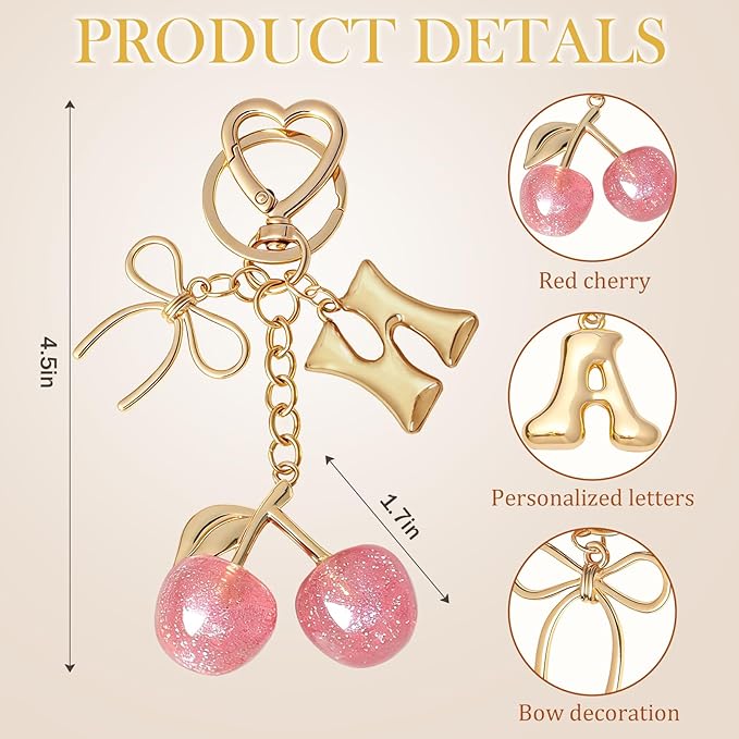 Snycler Bubble Initial Keychain with Cherry & Bow - Gold Letter Bag Charms for Women, Cute Purse Handbag Accessories