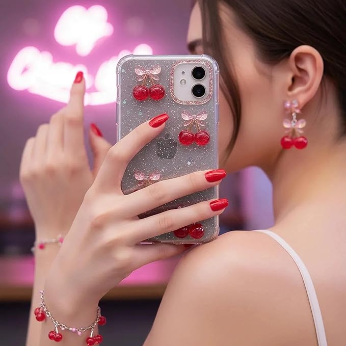 60 Pieces Glossy Resin Cherry with Bow Cabochons, Approx 1 Inch Kawaii Red Pink Flatback Embellishments for DIY Crafts, Hair Accessories, Decoden, Valentine's Day Decorations