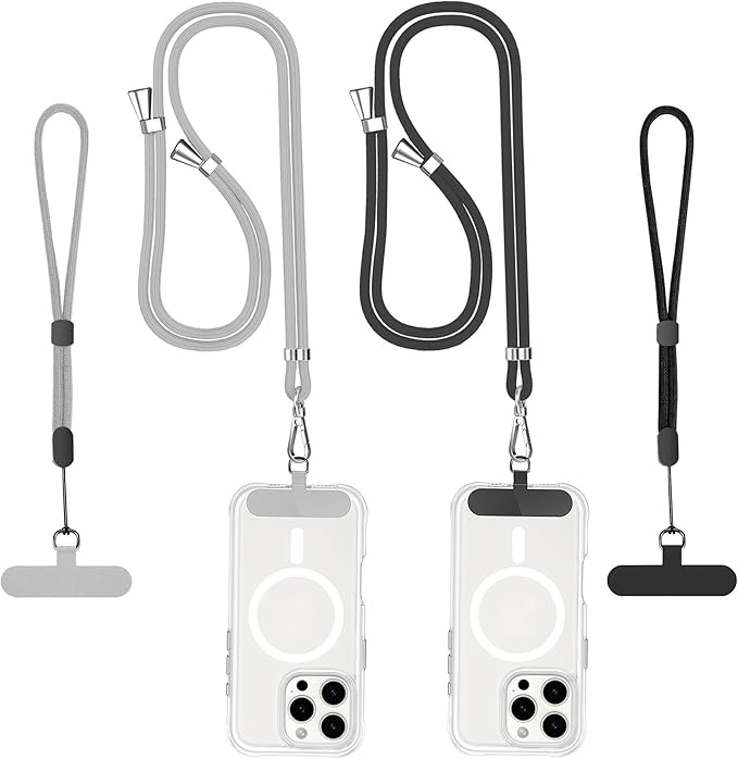 Phone Lanyard Crossbody, 2 Pack Adjustable Double Buckle Nylon Neck Cell Phone Lanyards, 2x Wrist Phone Straps and 2 Pack Phone Tether Pads Compatible with iPhone & Most Mobile Phones