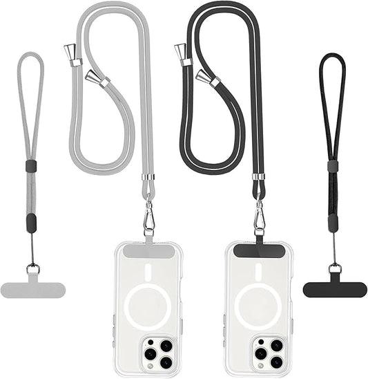 Phone Lanyard Crossbody, 2 Pack Adjustable Double Buckle Nylon Neck Cell Phone Lanyards, 2x Wrist Phone Straps and 2 Pack Phone Tether Pads Compatible with iPhone & Most Mobile Phones