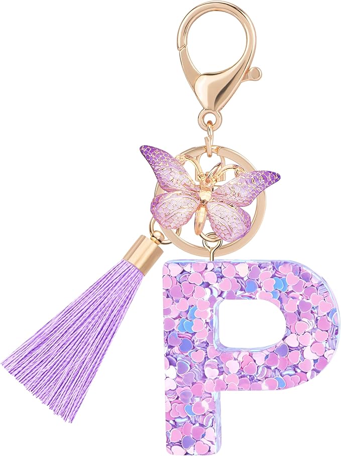 Initial letter Keychains for Women Girls Tassel Butterfly Cute Keychain for Wallet Backpack charm