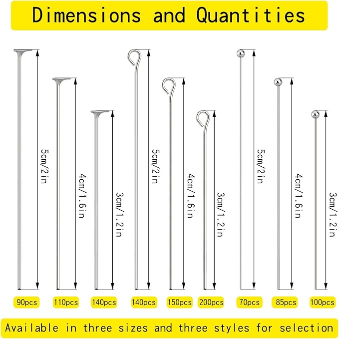 SONGIN 1085pcs Eye Pins and Flat Head Pins for Jewelry Making, Metal Eyepins, Headpins & Ball Head Pins for DIY Earrings, Necklaces, Bracelets, Pendants Jewelry Supplies(Silver)