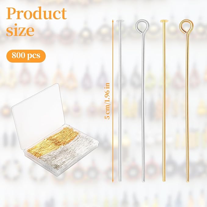 800PCS Head Pins, 2'' Flat Head Pins Eye Pins for Jewelry Making, Flat Head Eye Pins, Gold&Sliver Jewelry Making Pins, Metal Headpins for DIY Craft Earring Bracelet Necklace Pendant Jewelry Supplies