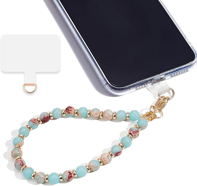 Marble Beaded Phone Wrist Strap,Detachable Phone Bracelet Strap with Tether Tab,Hands-Free Wristlet Strap (Green Shoushan)