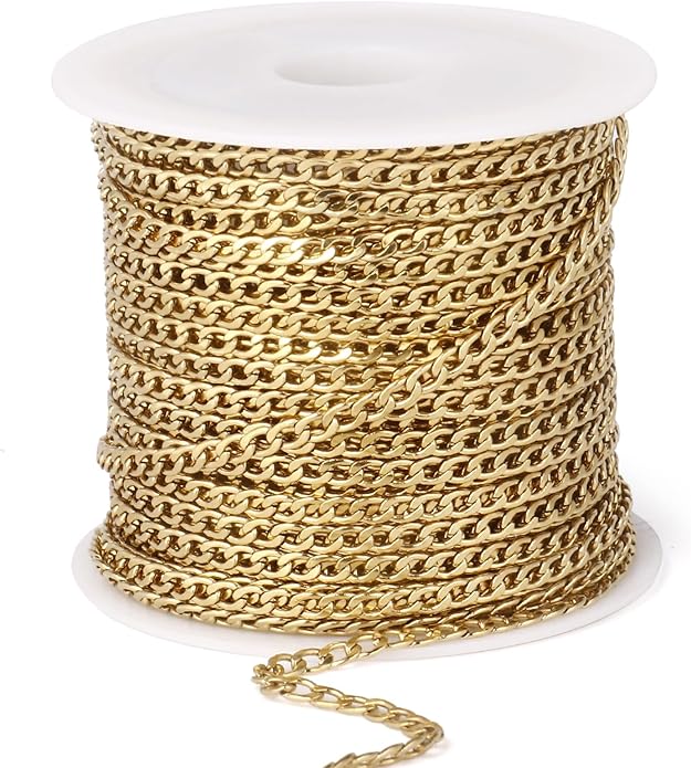 16.5 Ft Stainless Steel Curb Chains, 5mm 6mm 7mm 9mm Cuban Chain Roll Bulk for Jewelry Making