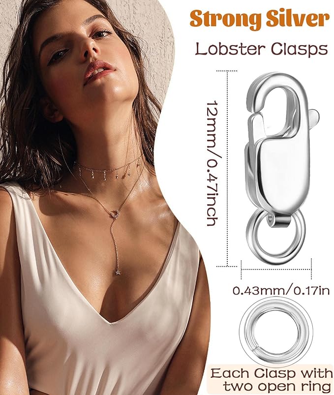 Kcctoo Silver Lobster Claw Clasp with Closed Jump Rings 14K Gold Necklace Clasps and Closures for Jewelry Making, Made in Italy 12mm(0.47inch) (6pcs Silver)