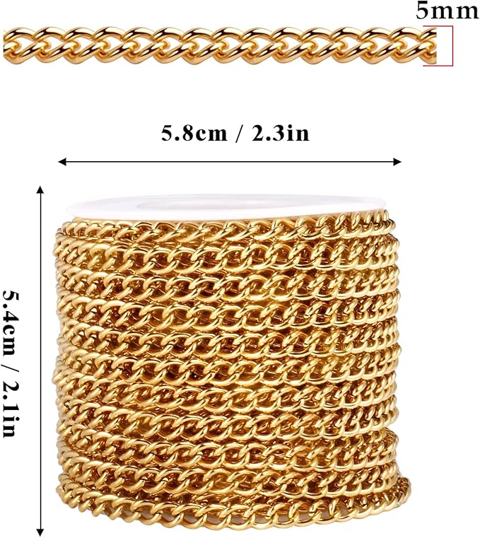33 Feet 18K Gold PVD Plated Stainless Steel Curb Chain Bulk, 5mm 304 Stainless Steel Flat Twisted Link Chains Roll Spool for Jewelry Making Necklace DIY Craft