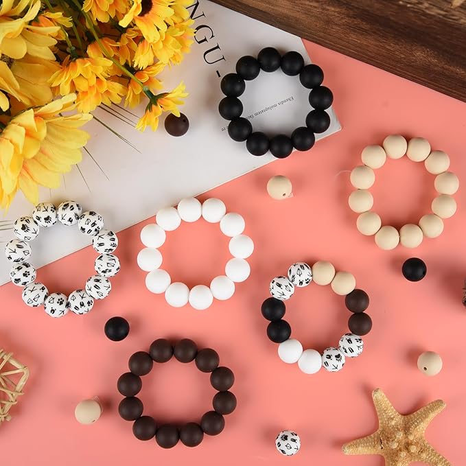 ASTARON 100 Pcs 15mm Silicone Beads for Keychain Making, Black Brown Round Beads for Bracelets Crafts Beadable Pens Decorations Jewelry Making Party Favors Supplies