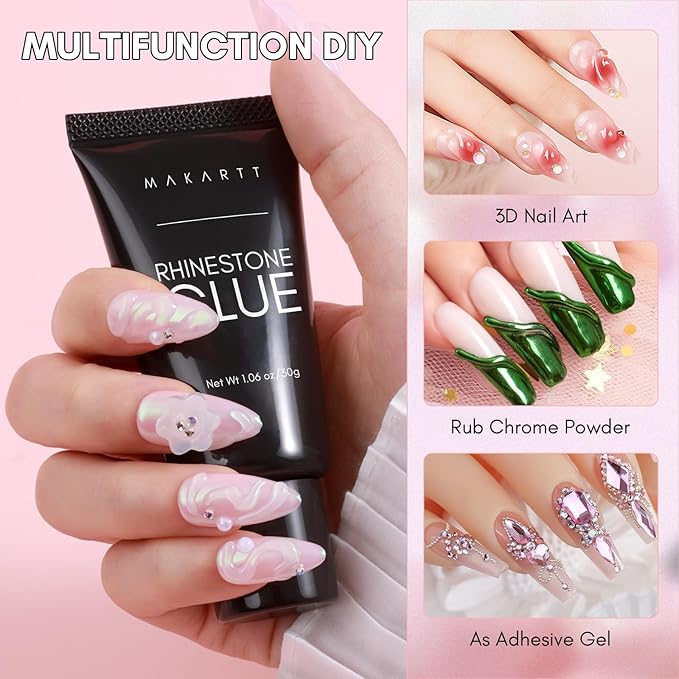 Makartt Nail Rhinestone Glue with Chrome Gel Kit, Super Strong Glue with Silver Metallic Painting Gel Polish Set for 3D Nails Art Decoration Manicure(30ML+8ML)