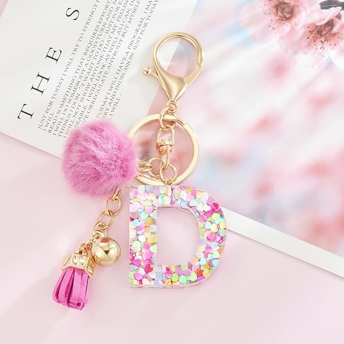 Resin Alphabet Initial Letter Keychain Keyring for Women Purse Handbags With Fur Ball Pom