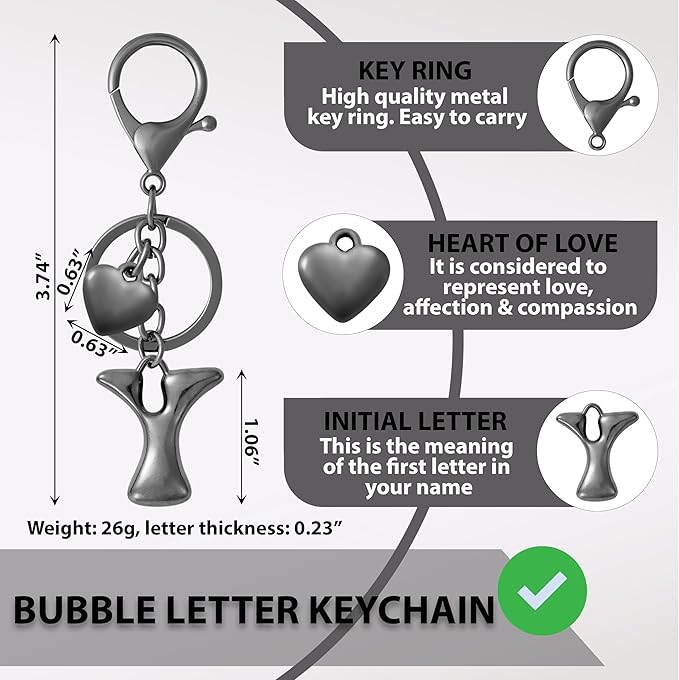 Heart Bubble Letter Keychain for Women, Girls - Cute Keychain with Initial - Alphabet Keychain for Bag Charm, Handbag