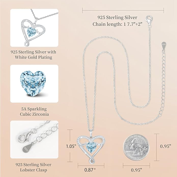 Yuelove Infinity Necklace for Women, 925 Sterling Silver Heart Necklace with 5A Zircon, White Gold Plated Adjustable Chain, Gift for Valentine's Day, Birthday, Anniversary for Wife, Girlfriend, Mom
