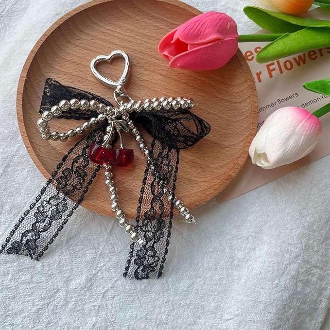 Pearl Bow Keychain Cute Y2k Lace Bowknot Keychain Coquette Aesthetic Accessories Bag Purse Handbag Backpack Charm